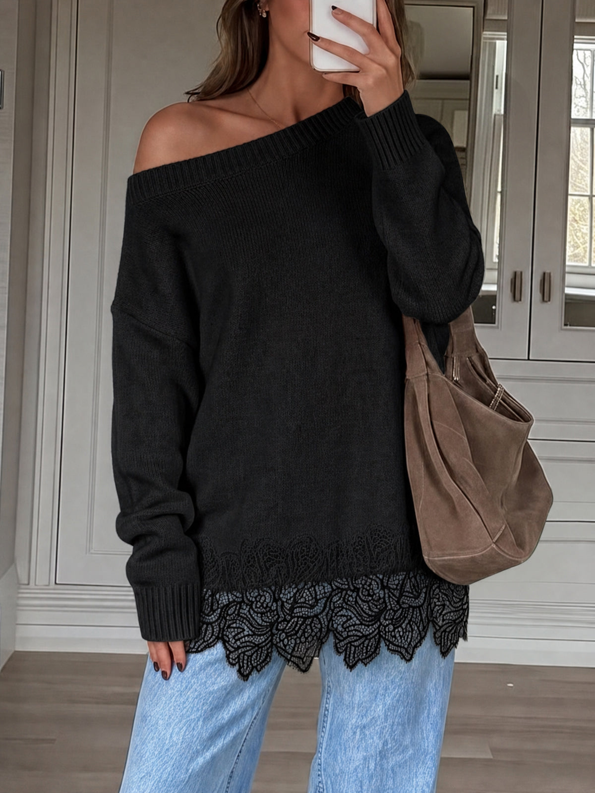 Saodimallsu Women Lace Patchwork Sweater