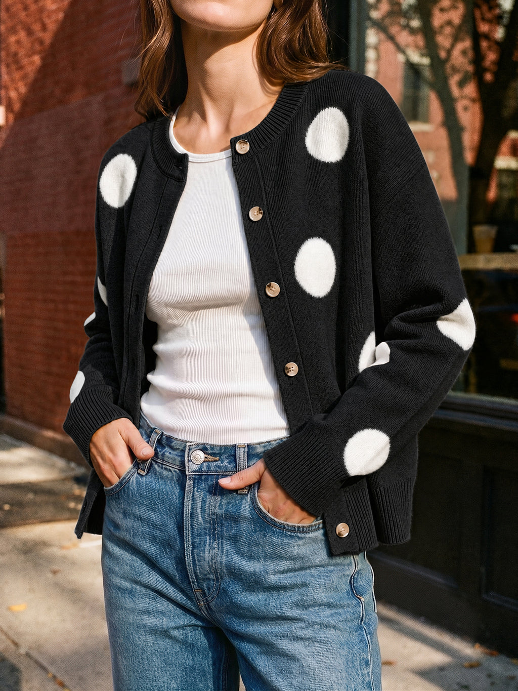Saodimallsu Women Polka Dot Knit Cardigan