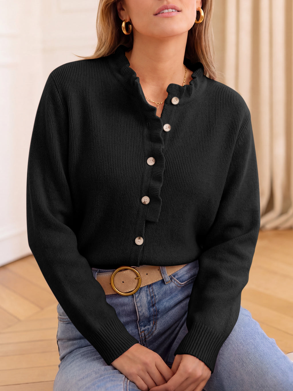 Saodimallsu Women Ruffle Mock Neck Knit Cardigan