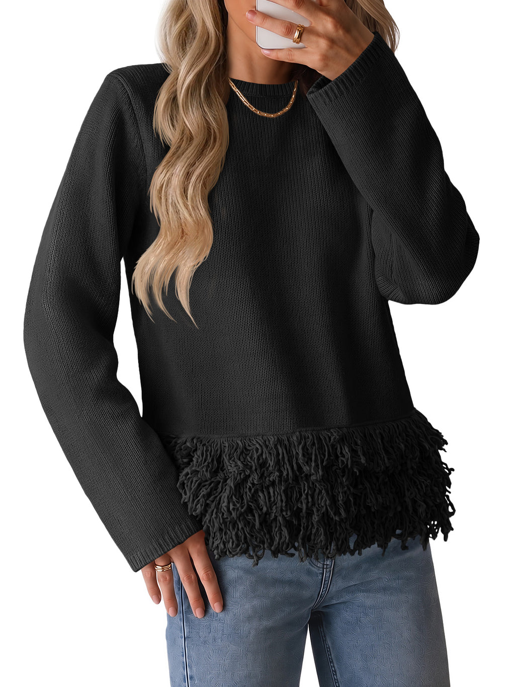 Saodimallsu Women Boho Fringe Knit Sweater