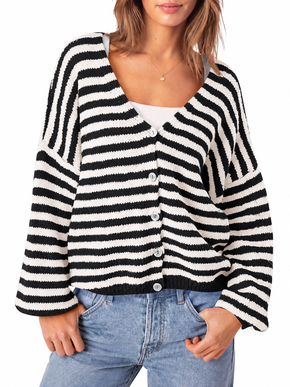 Saodimallsu Women Striped V-Neck Knit Cardigan Sweater