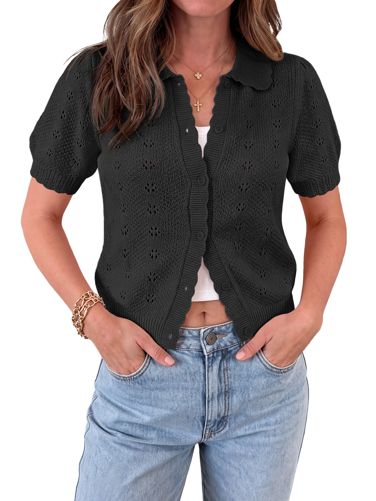 Saodimallsu Women Crochet Puff Sleeve Cardigan