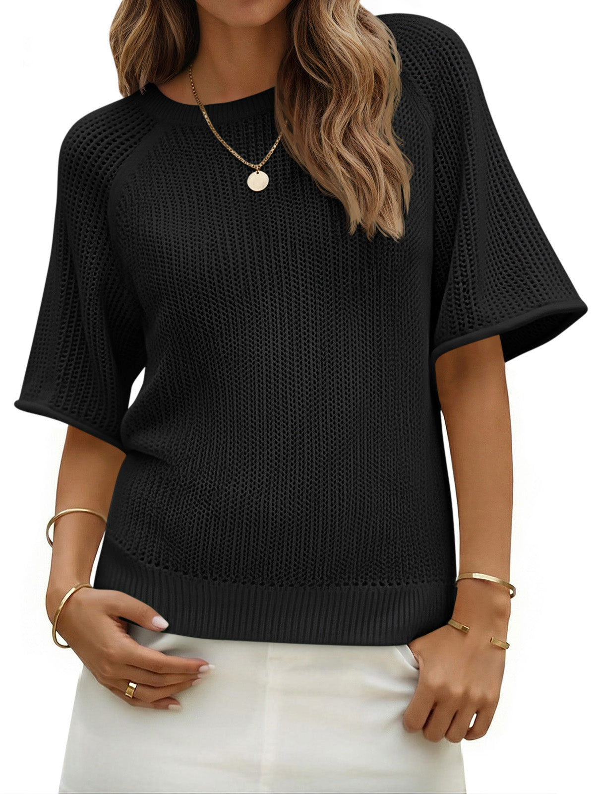 Saodimallsu Womens Crochet Short Sleeve Knit Sweater