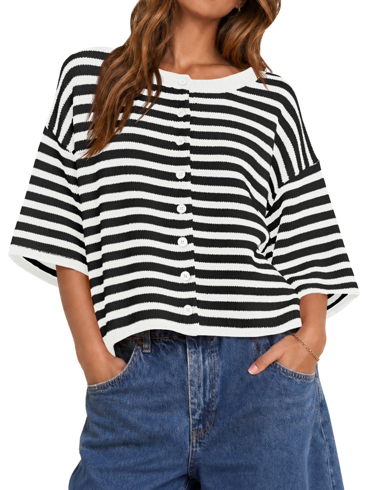 Saodimallsu Women Striped Cropped Cardigan