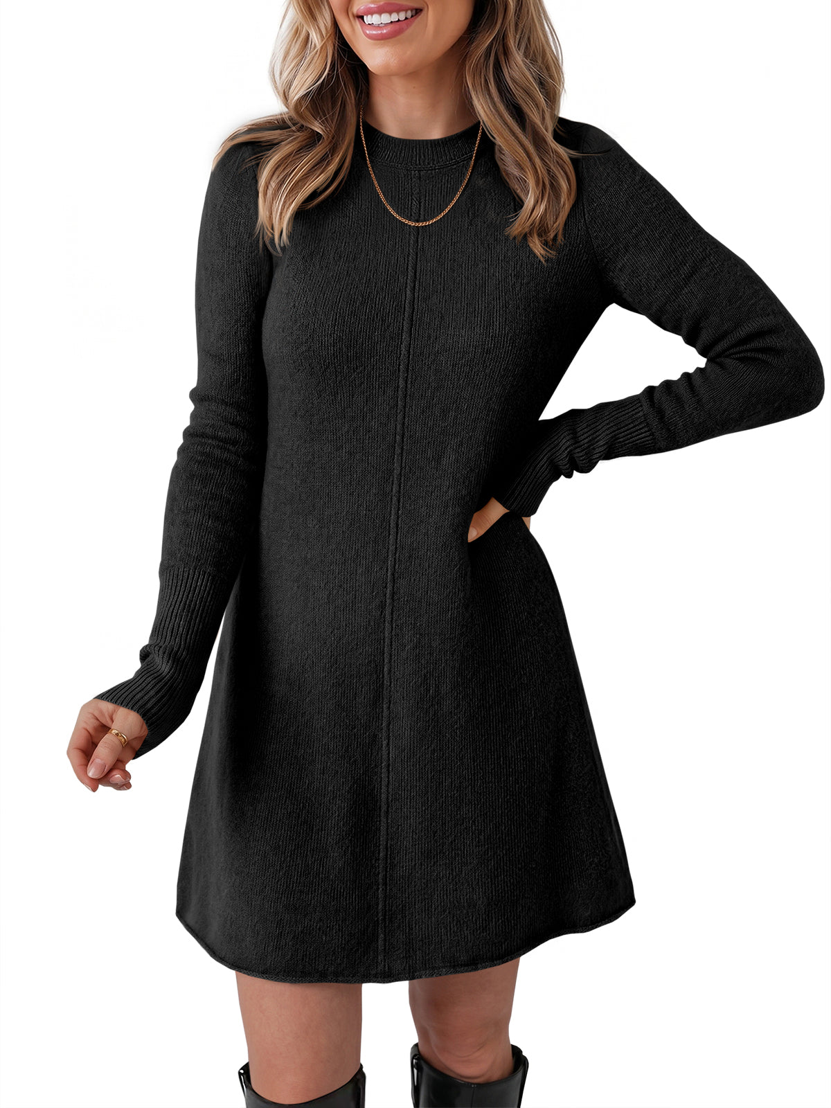 Saodimallsu Women Long Sleeve Knit Fit Flare Mini Sweater Dress