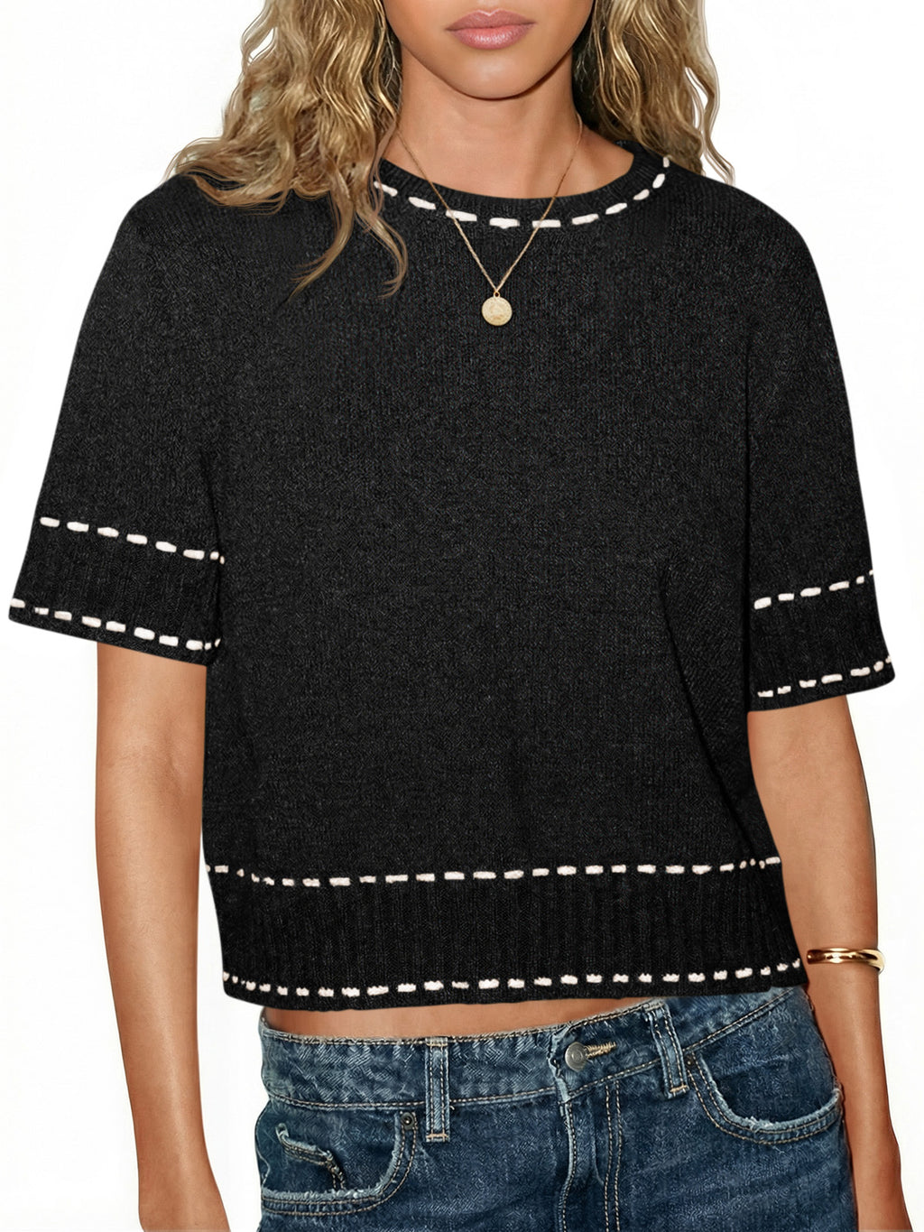 Saodimallsu Womens Cropped Crew Neck Knit Sweater