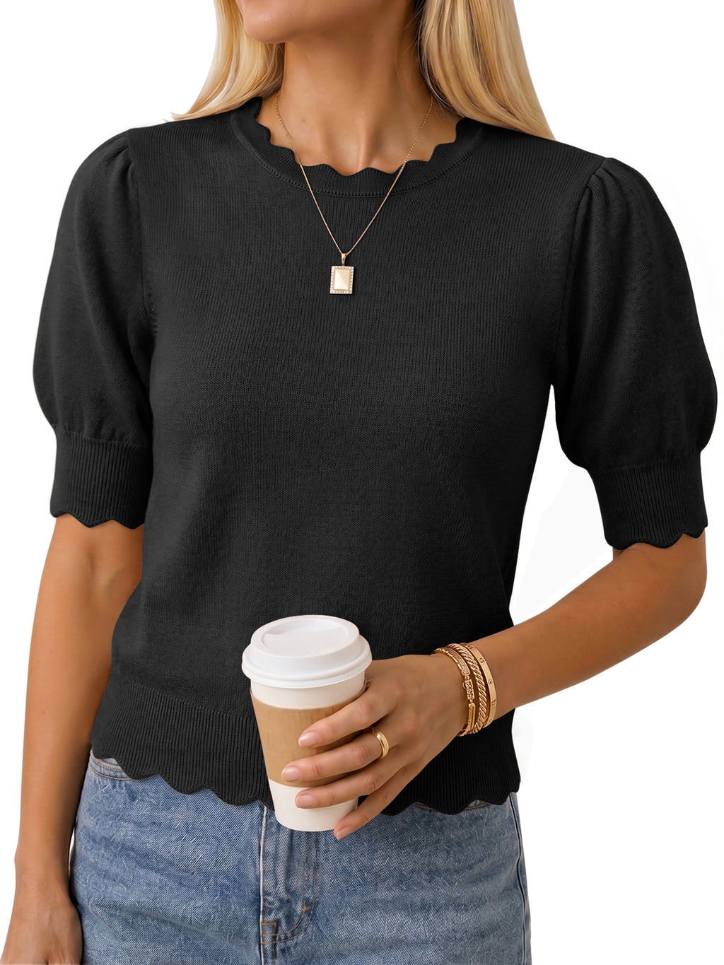 Saodimallsu Women Puff Sleeve Knit Top