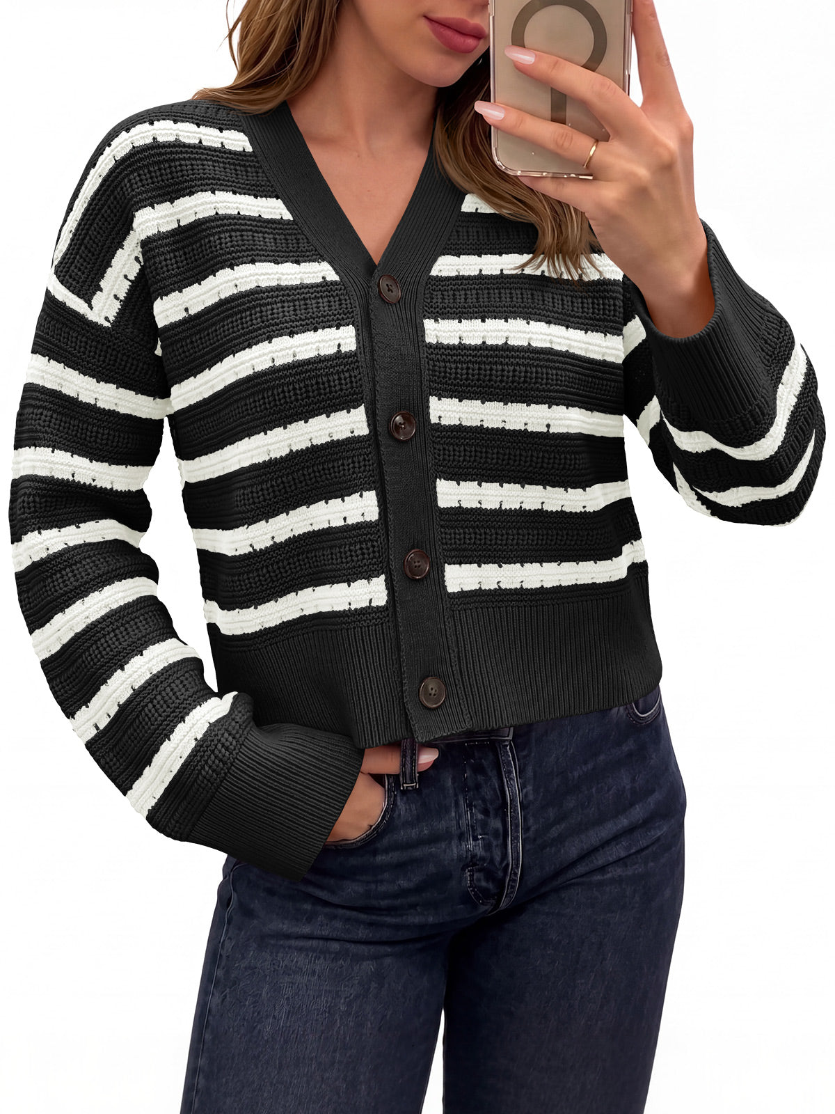 Saodimallsu Womens Striped Crochet Cardigan Tops