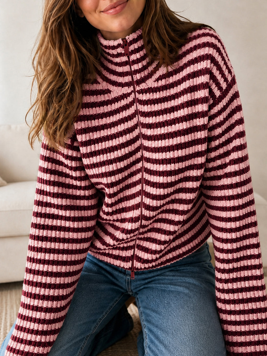 Saodimallsu Womens Striped Zip Knit Cardigan