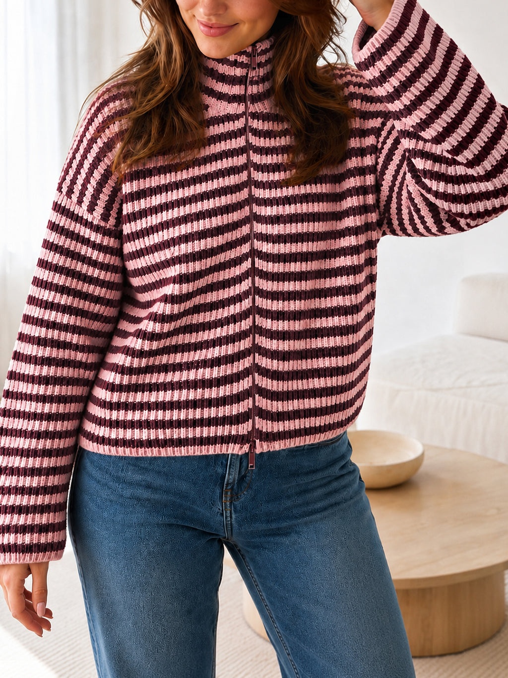 Saodimallsu Womens Striped Zip Knit Cardigan