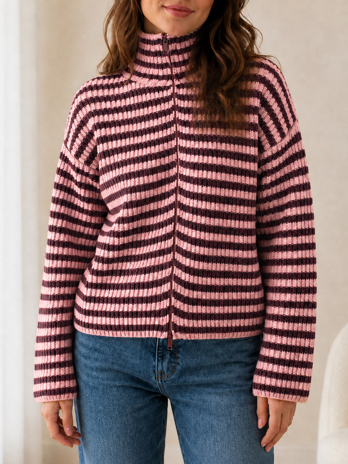 Saodimallsu Womens Striped Zip Knit Cardigan