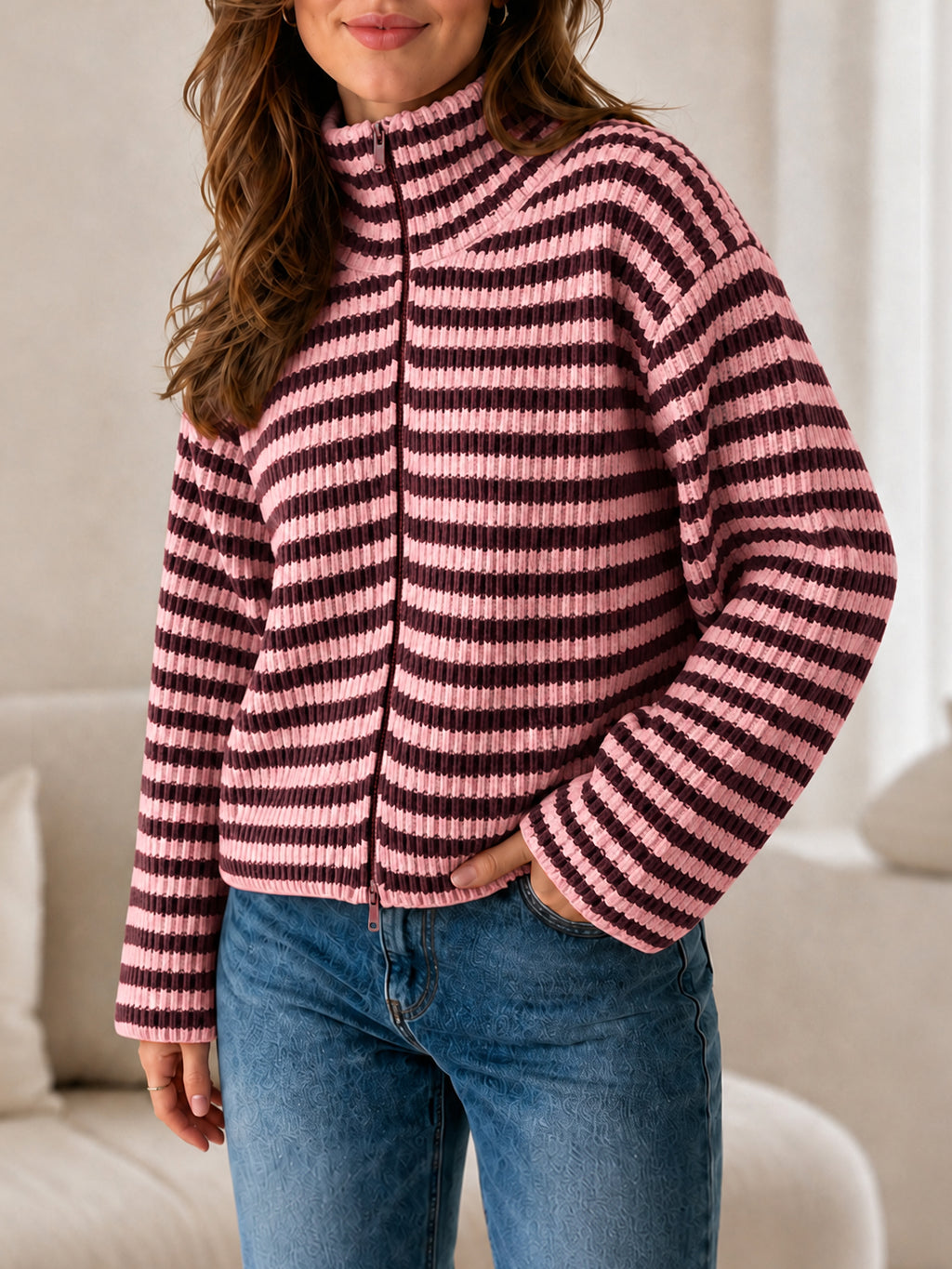 Saodimallsu Womens Striped Zip Knit Cardigan