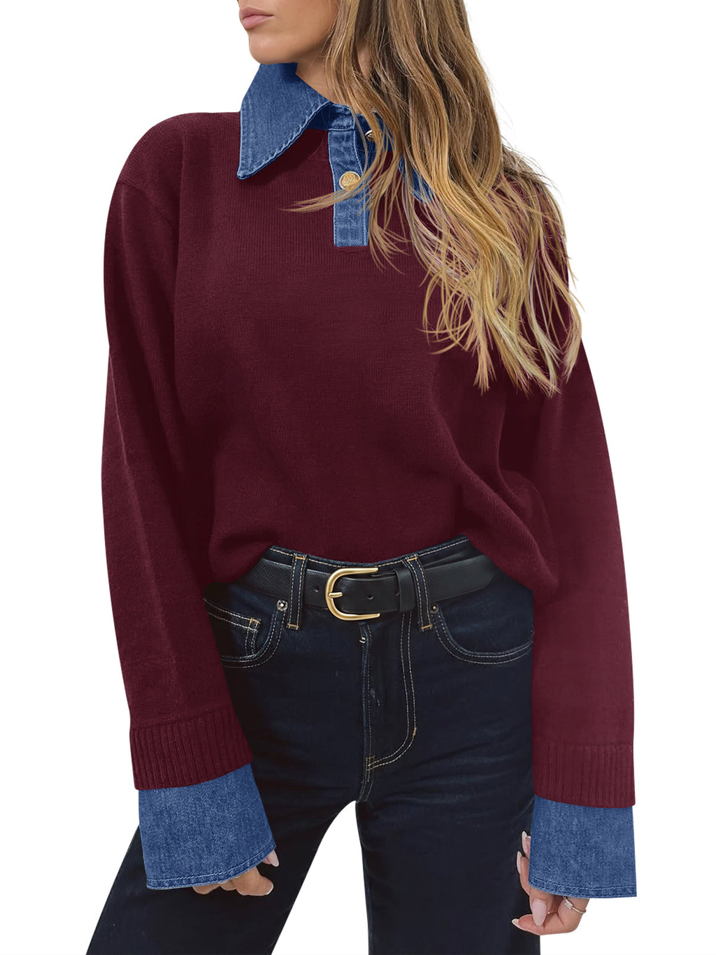 Saodimallsu Women Denim Patchwork V Neck Sweater Tops