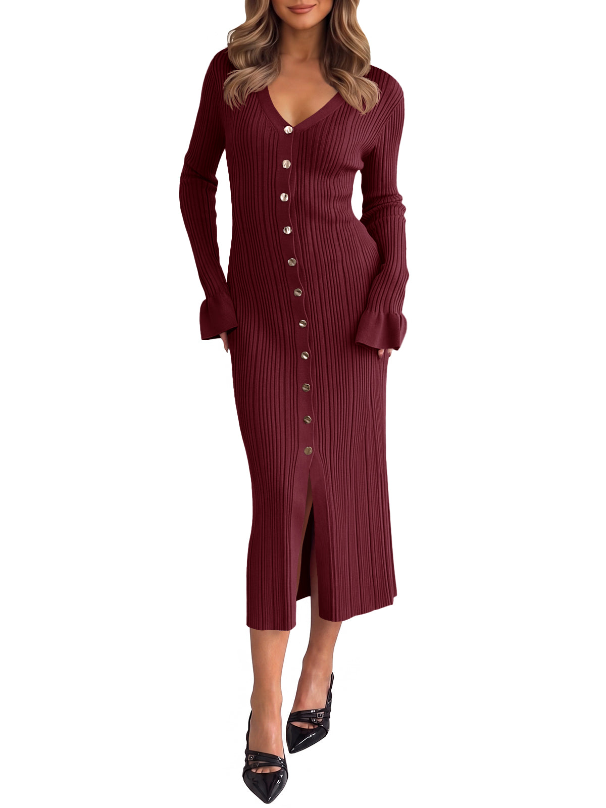 Saodimallsu Womens V Neck Midi Sweater Dress