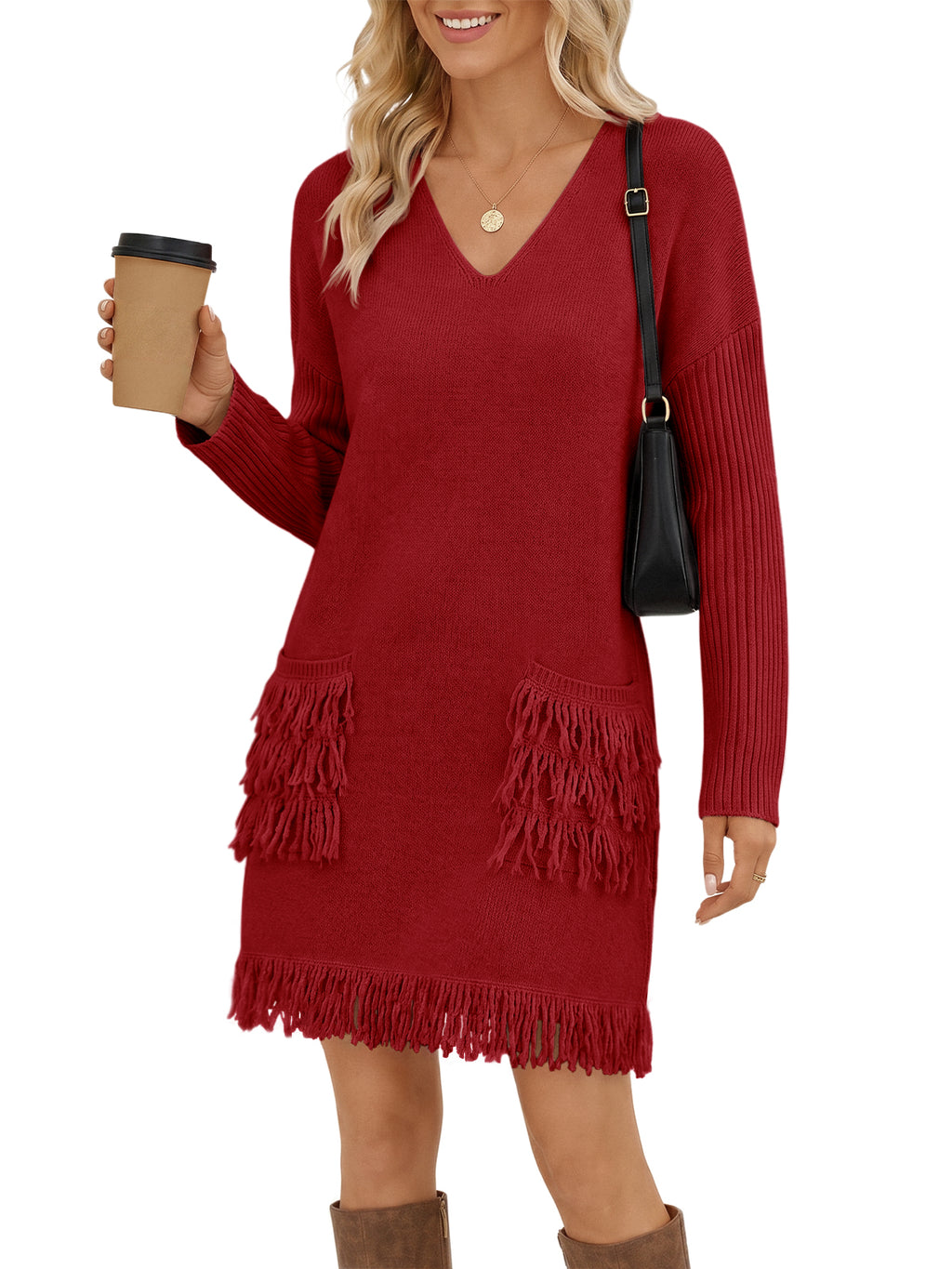 Saodimallsu Womens V Neck Sweater Dress