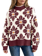 Saodimallsu Womens Mock Neck Floral Knit Sweater