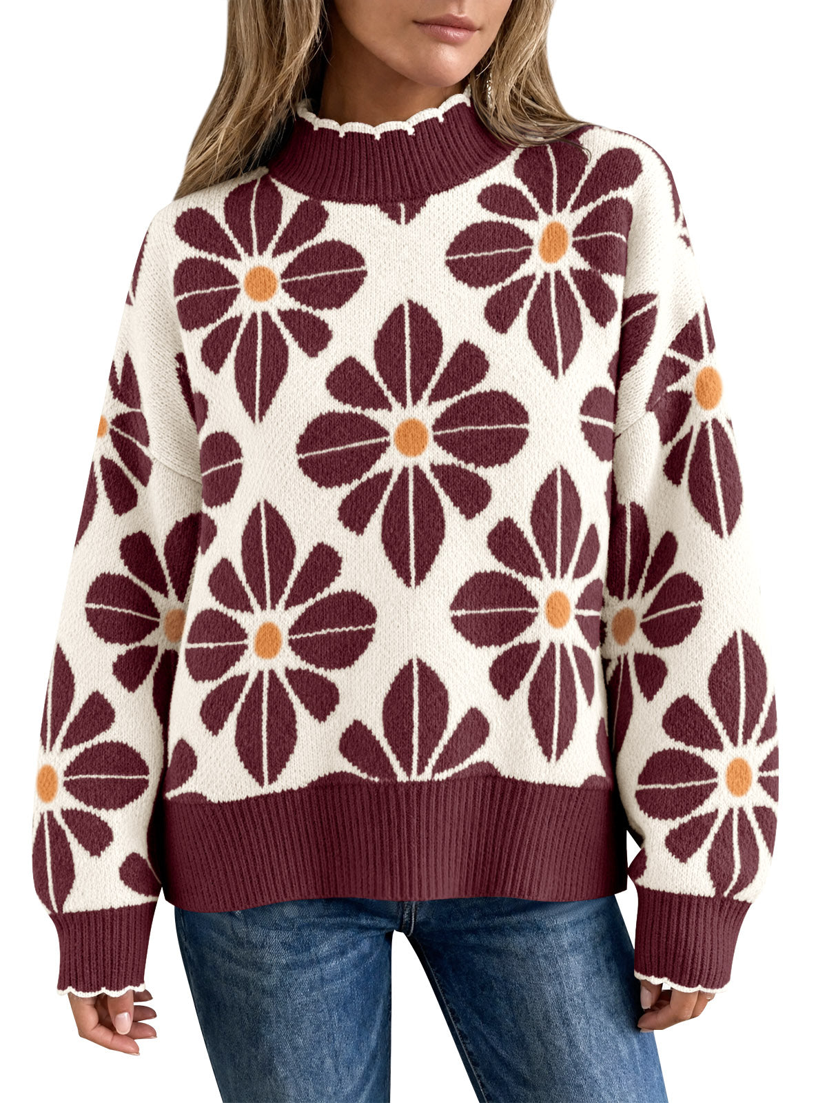 Saodimallsu Womens Mock Neck Floral Knit Sweater