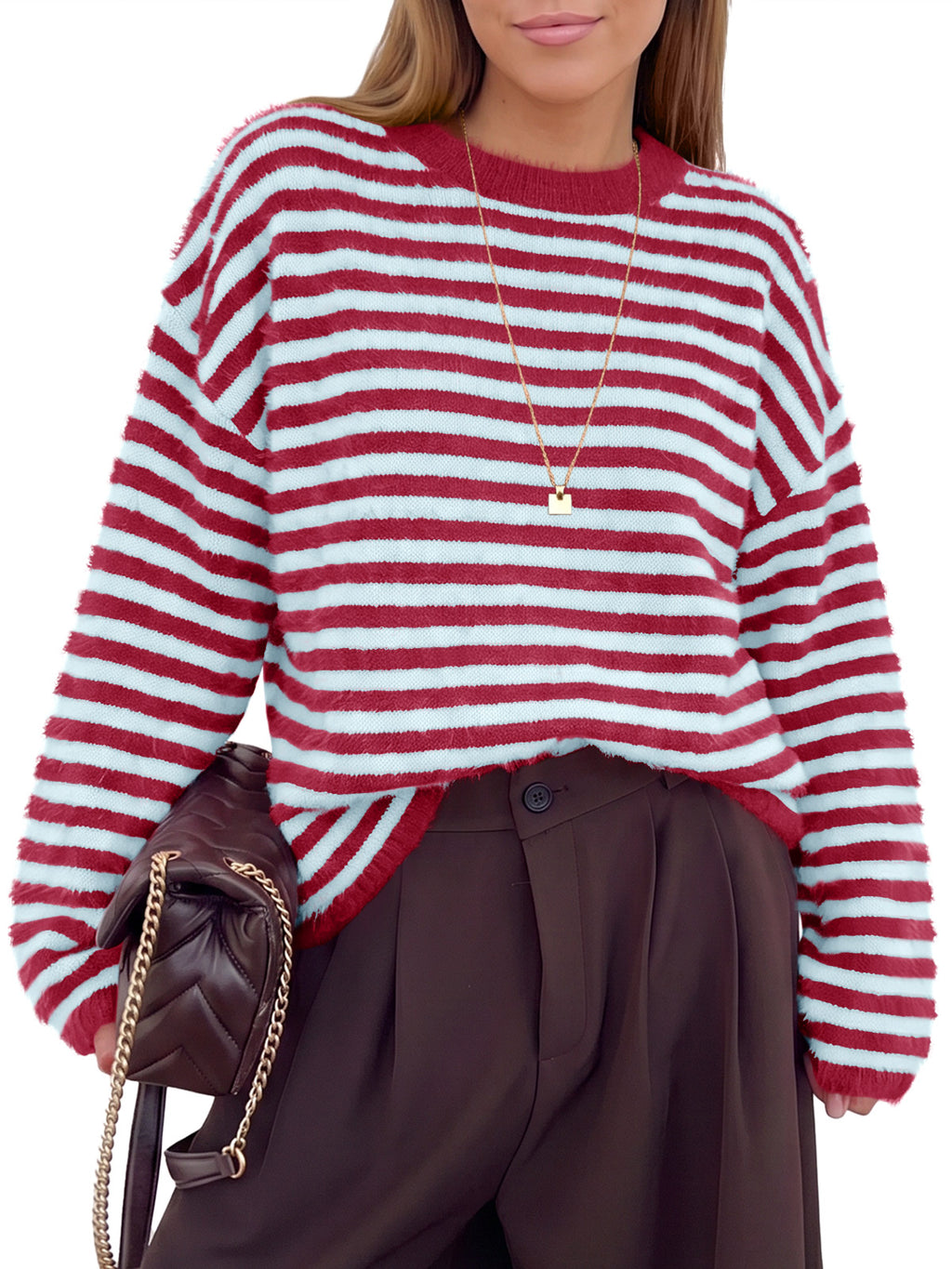 Saodimallsu Womens Fuzzy Crew Neck Striped Sweaters