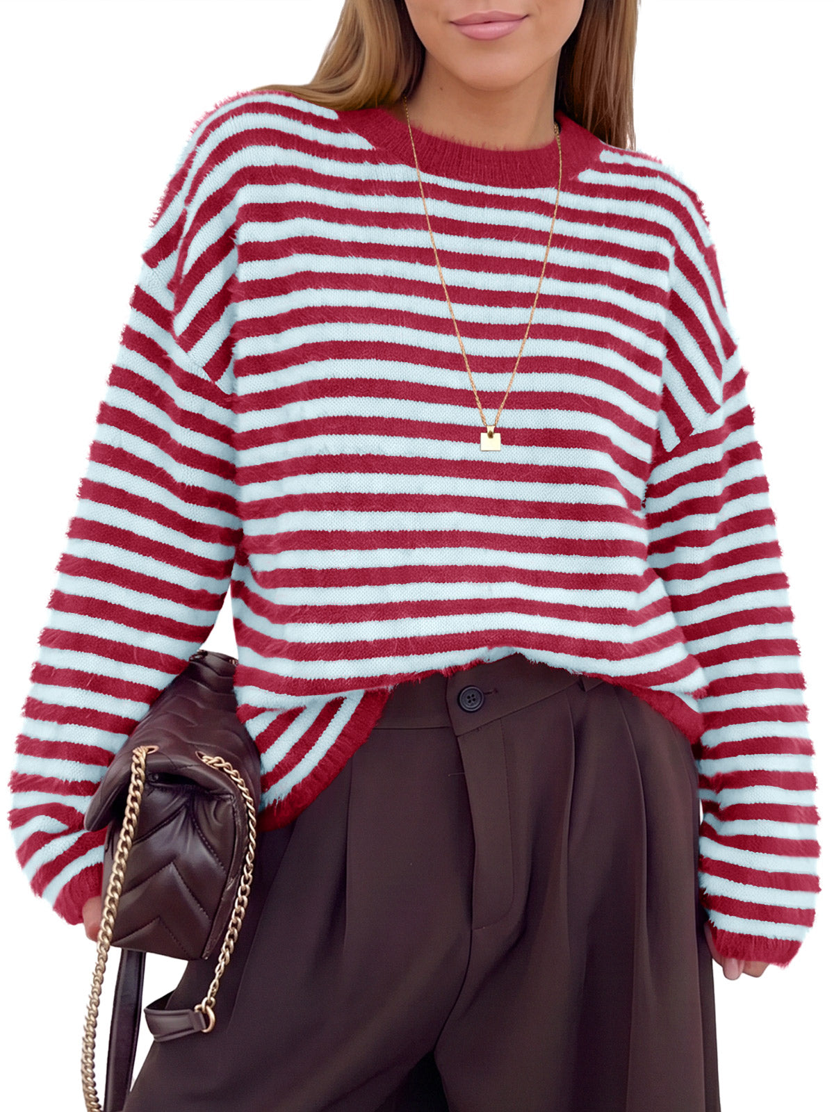 Saodimallsu Womens Fuzzy Crew Neck Striped Sweaters