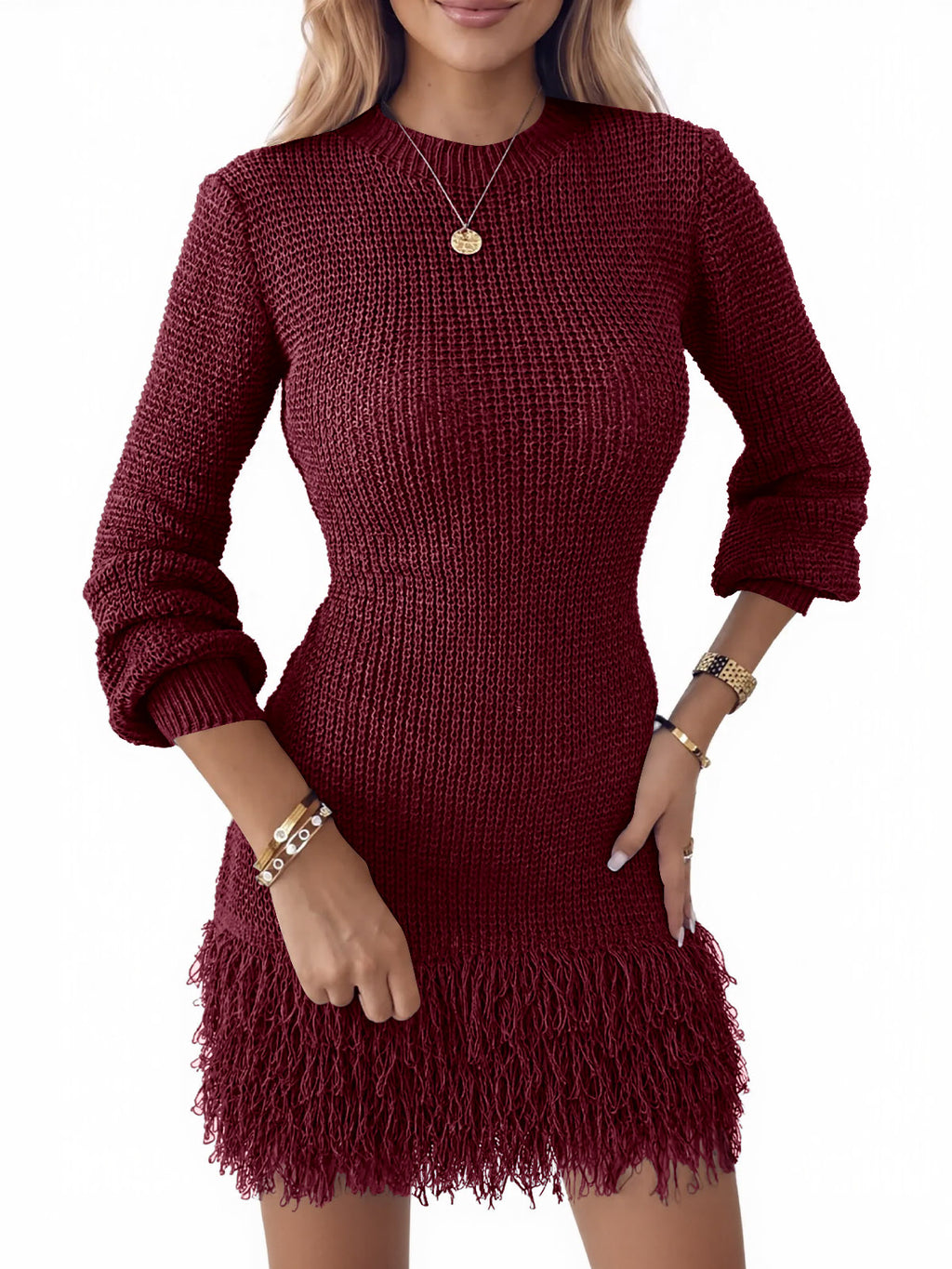 Saodimallsu Womens Fringe Waffle Knit Sweater Dress