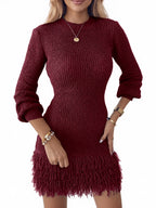 Saodimallsu Womens Fringe Waffle Knit Sweater Dress