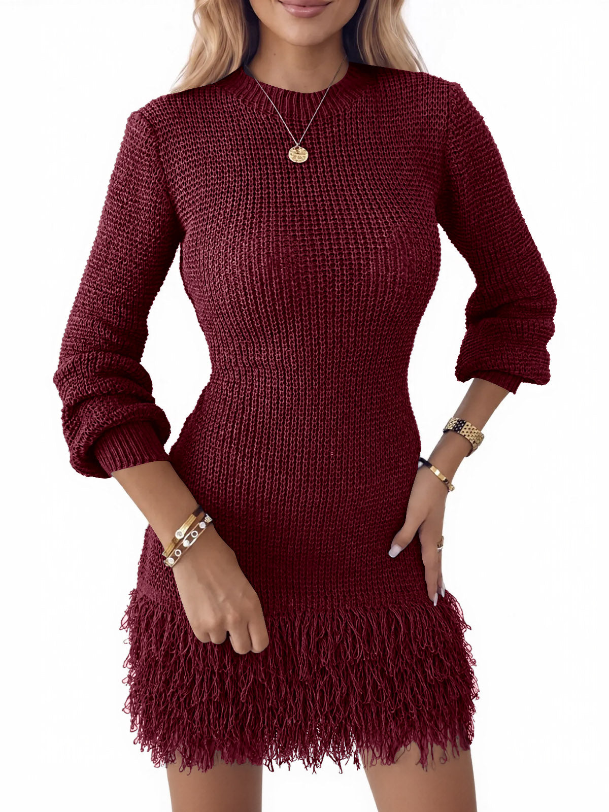 Saodimallsu Womens Fringe Waffle Knit Sweater Dress