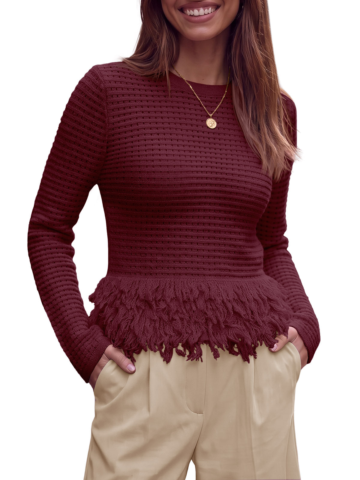 Saodimallsu Womens Crochet Fringe Crew Neck Sweater