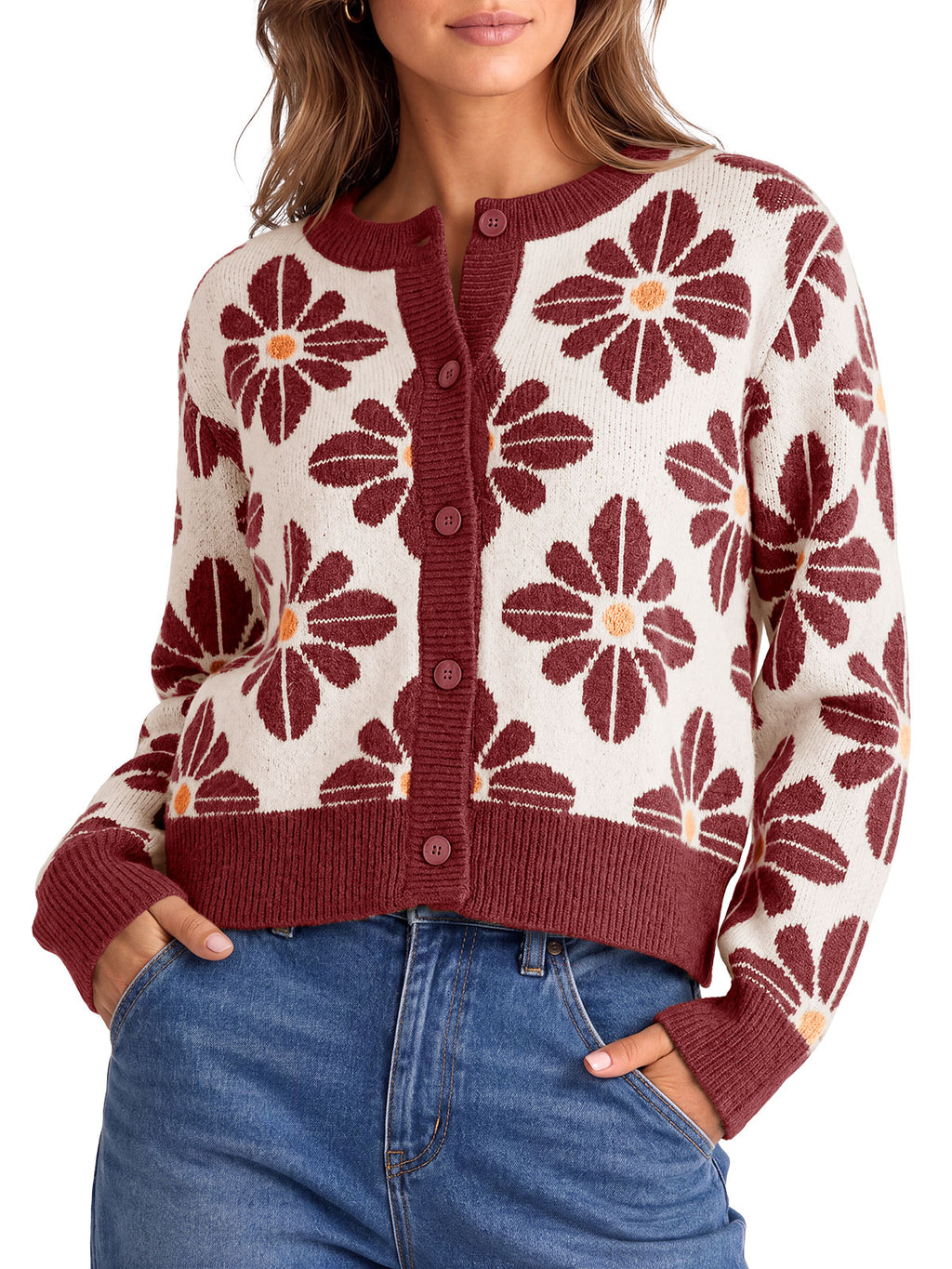 Saodimallsu Womens Floral Button Up Vintage Sweater