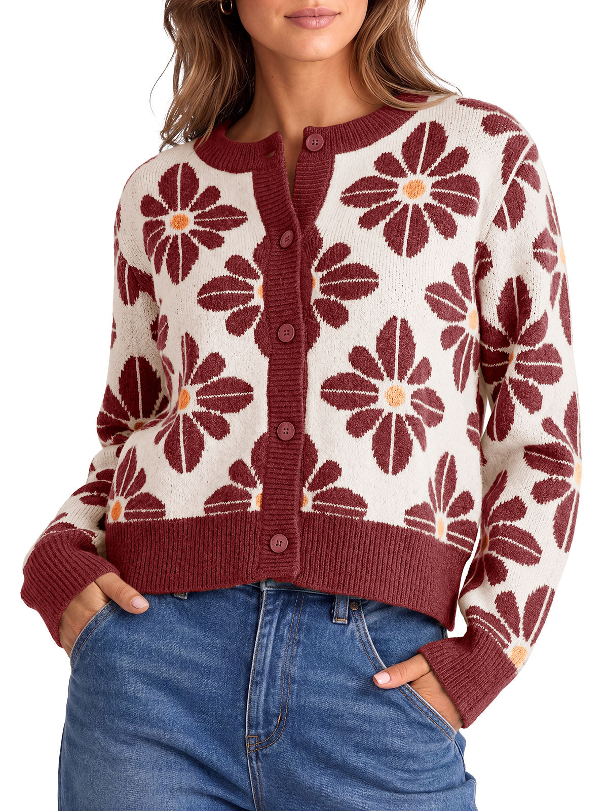 Saodimallsu Womens Floral Button Up Vintage Sweater