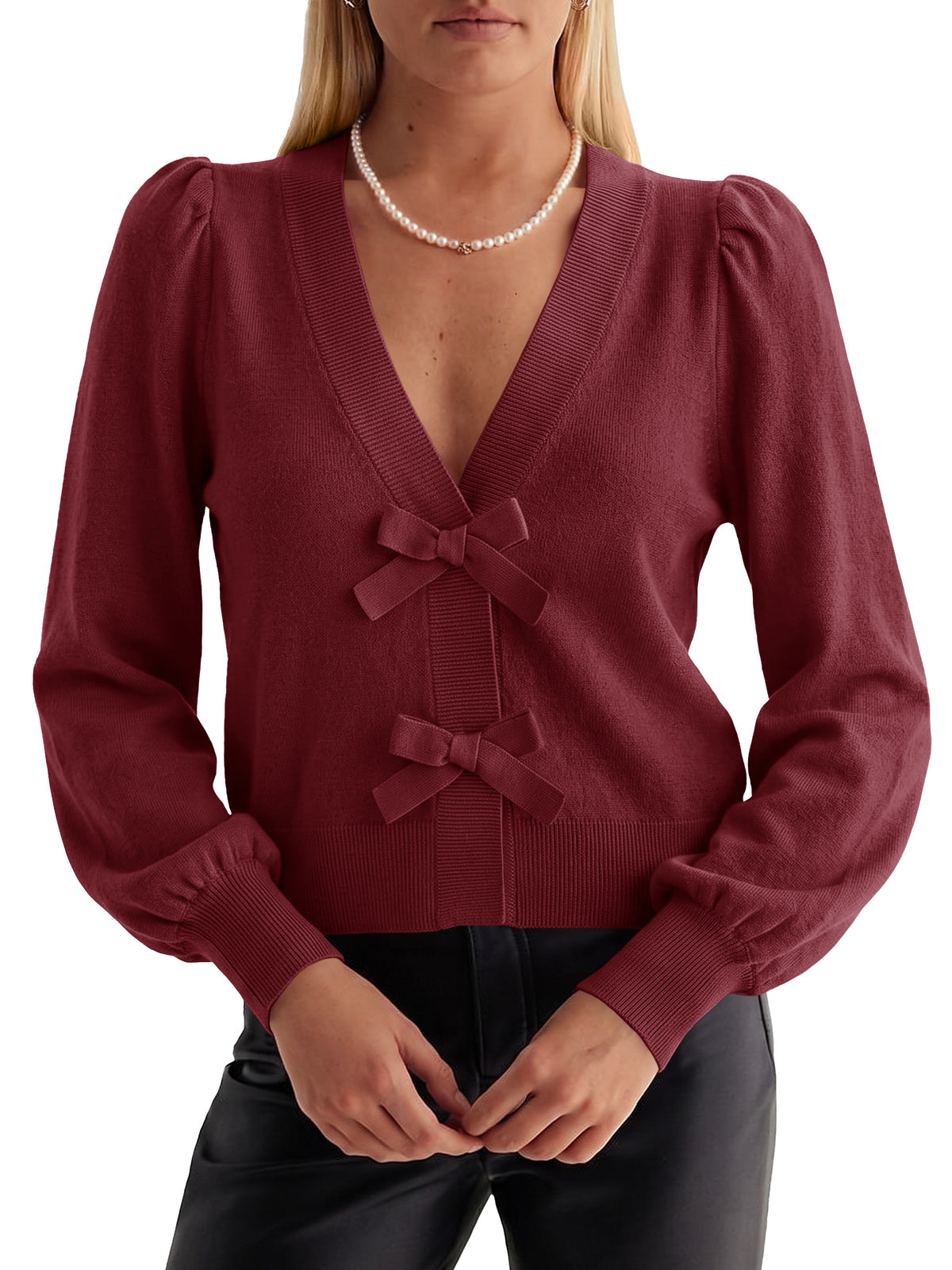 Saodimallsu Women V Neck Bow Knit Cardigan