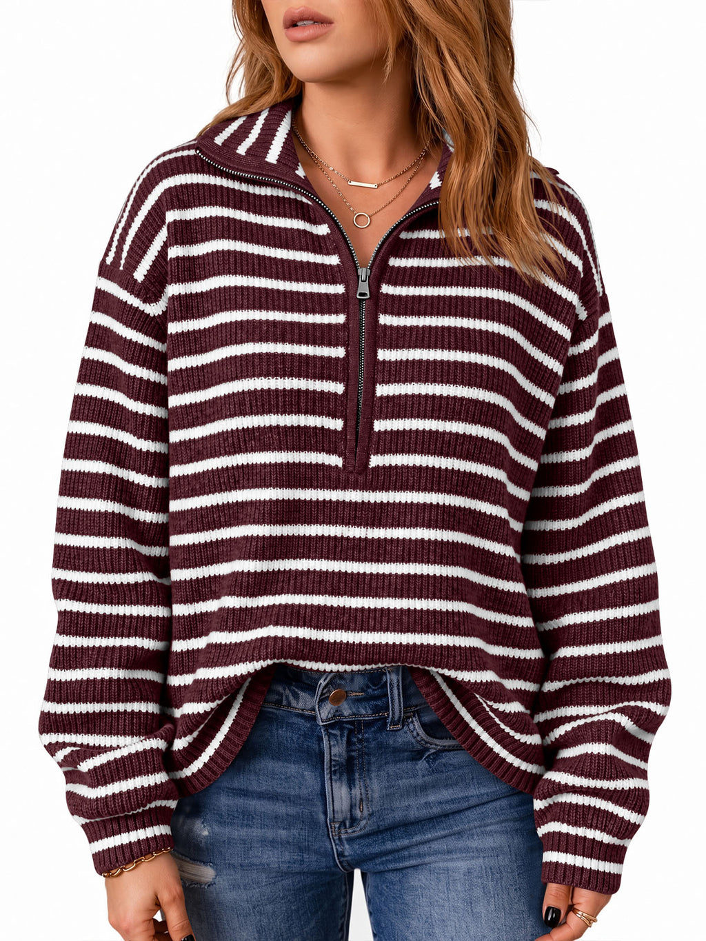 Saodimallsu Womens Striped Half Zip Sweater