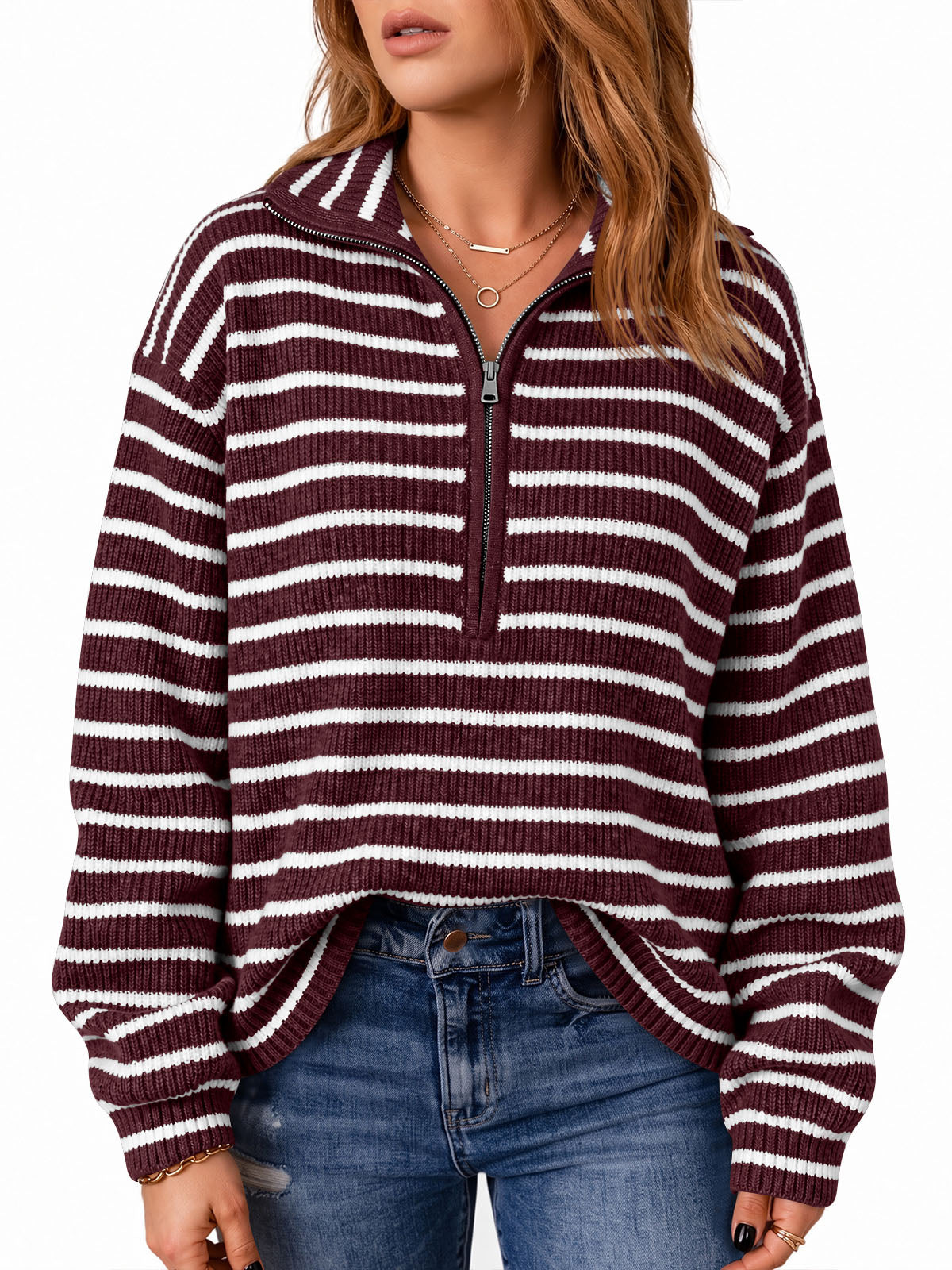 Saodimallsu Womens Striped Half Zip Sweater