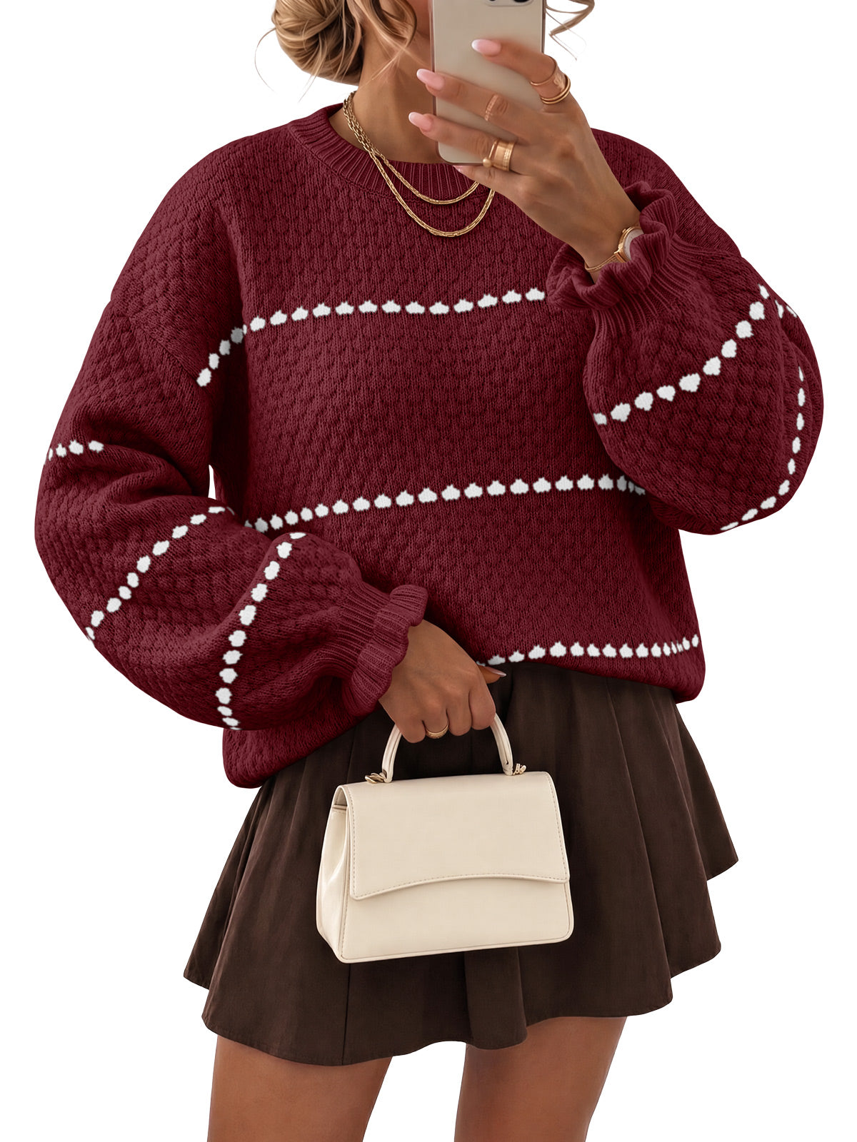 Saodimallsu Womens Heart Striped Ruffle Sweaters