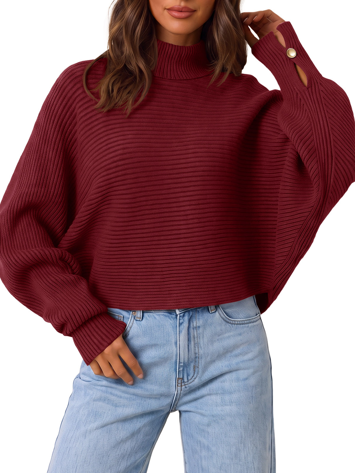 Saodimallsu Womens Batwing Sleeve Knit Turtleneck Sweater