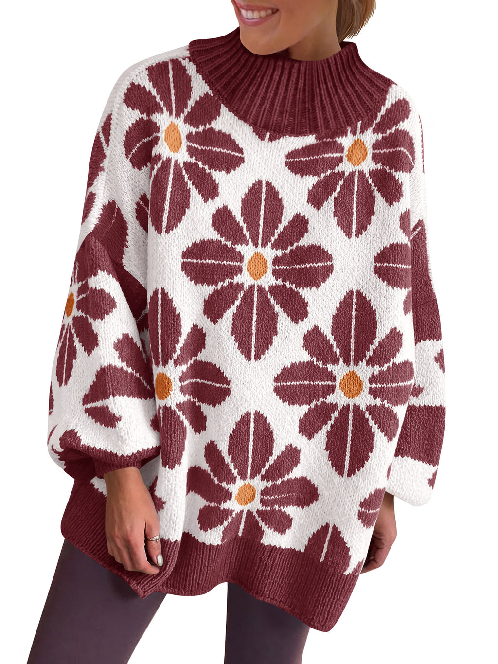 Saodimallsu Womens Floral Mock Neck Chunky Sweater