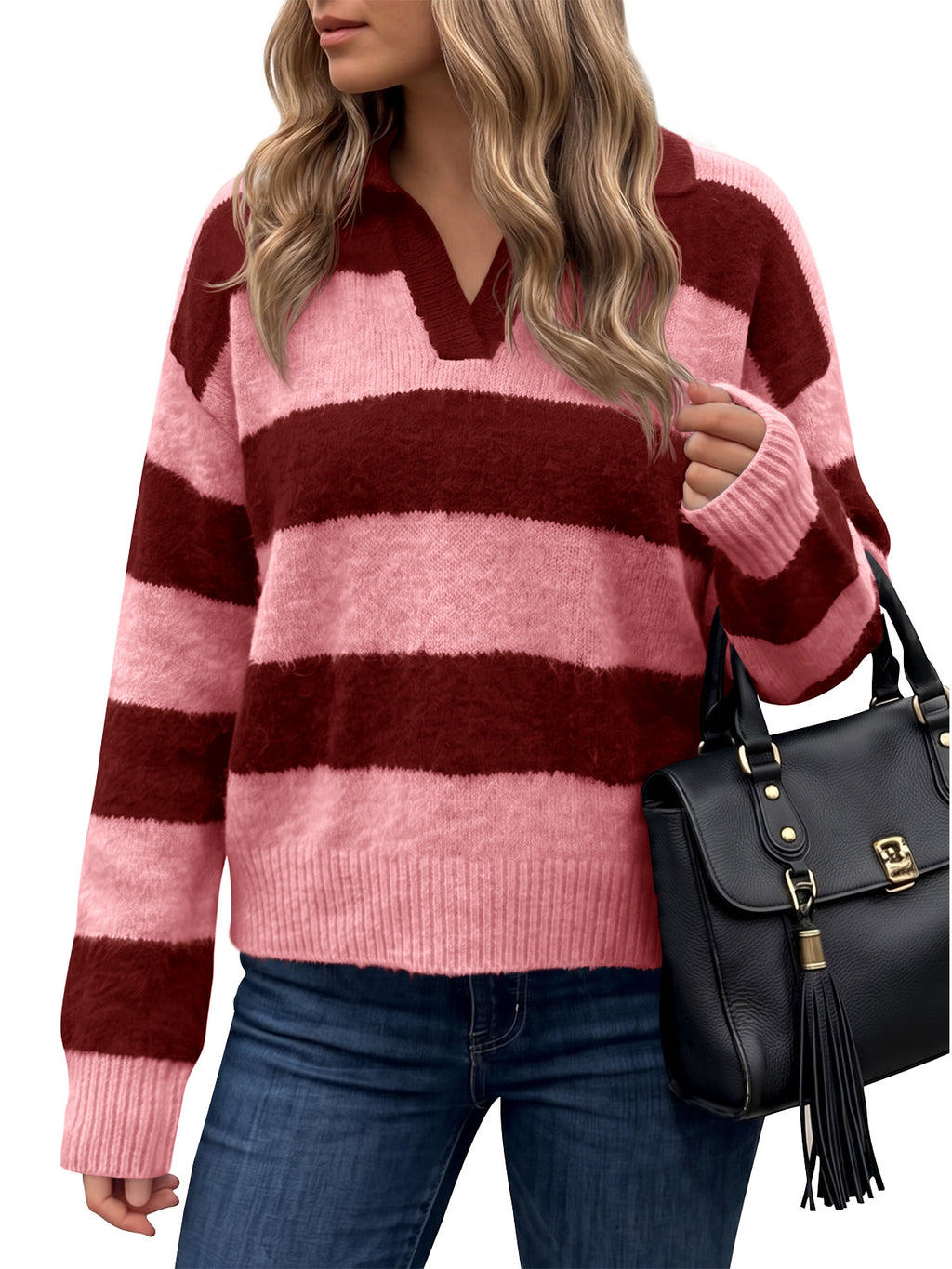 Saodimallsu Womens Striped Polo V Neck Sweaters