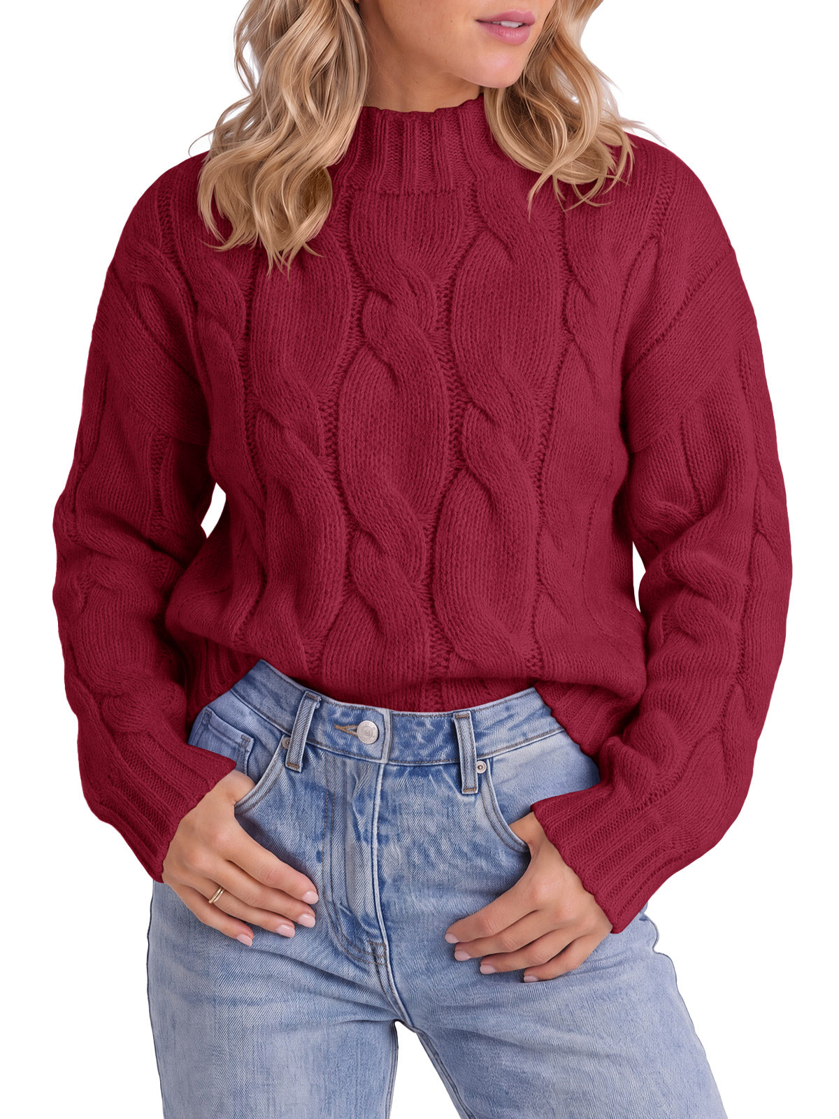 Saodimallsu Womens Mock Neck Cable Knit Sweater