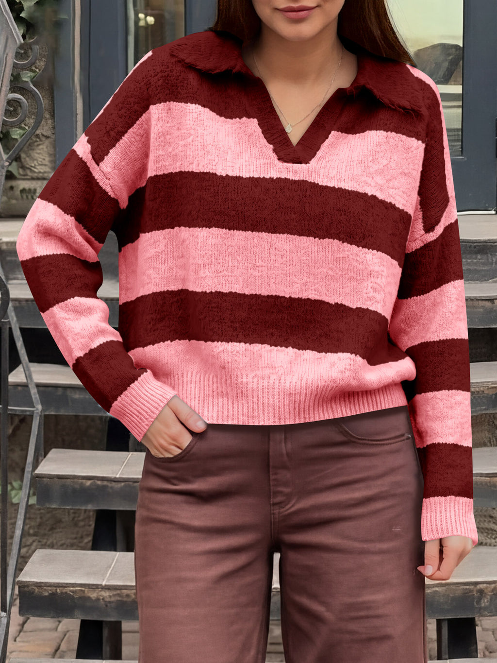 Saodimallsu Womens Striped Polo V Neck Sweaters