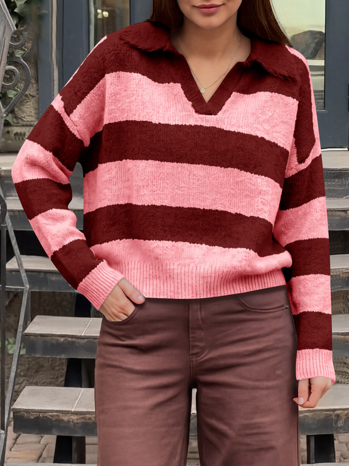 Saodimallsu Womens Striped Polo V Neck Sweaters