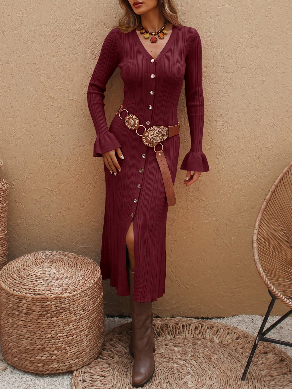 Saodimallsu Womens V Neck Midi Sweater Dress