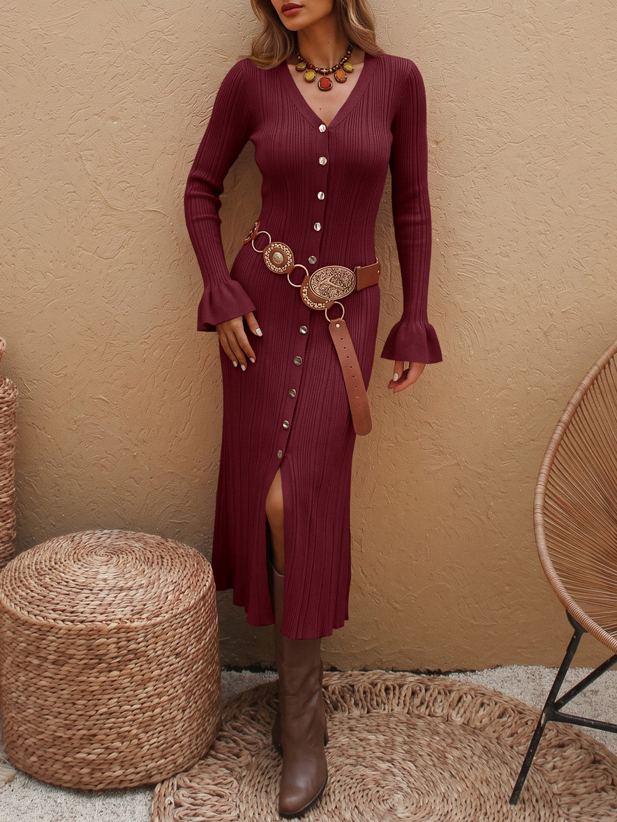 Saodimallsu Womens V Neck Midi Sweater Dress