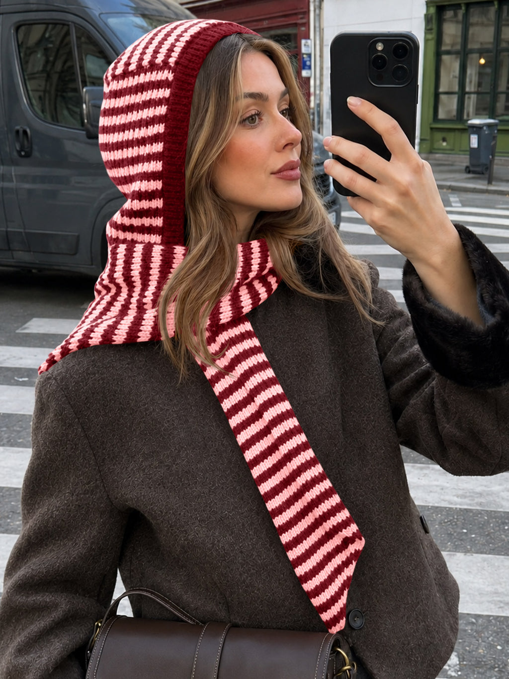 Saodimallsu Womens Striped Hooded Scarf Knit Hat