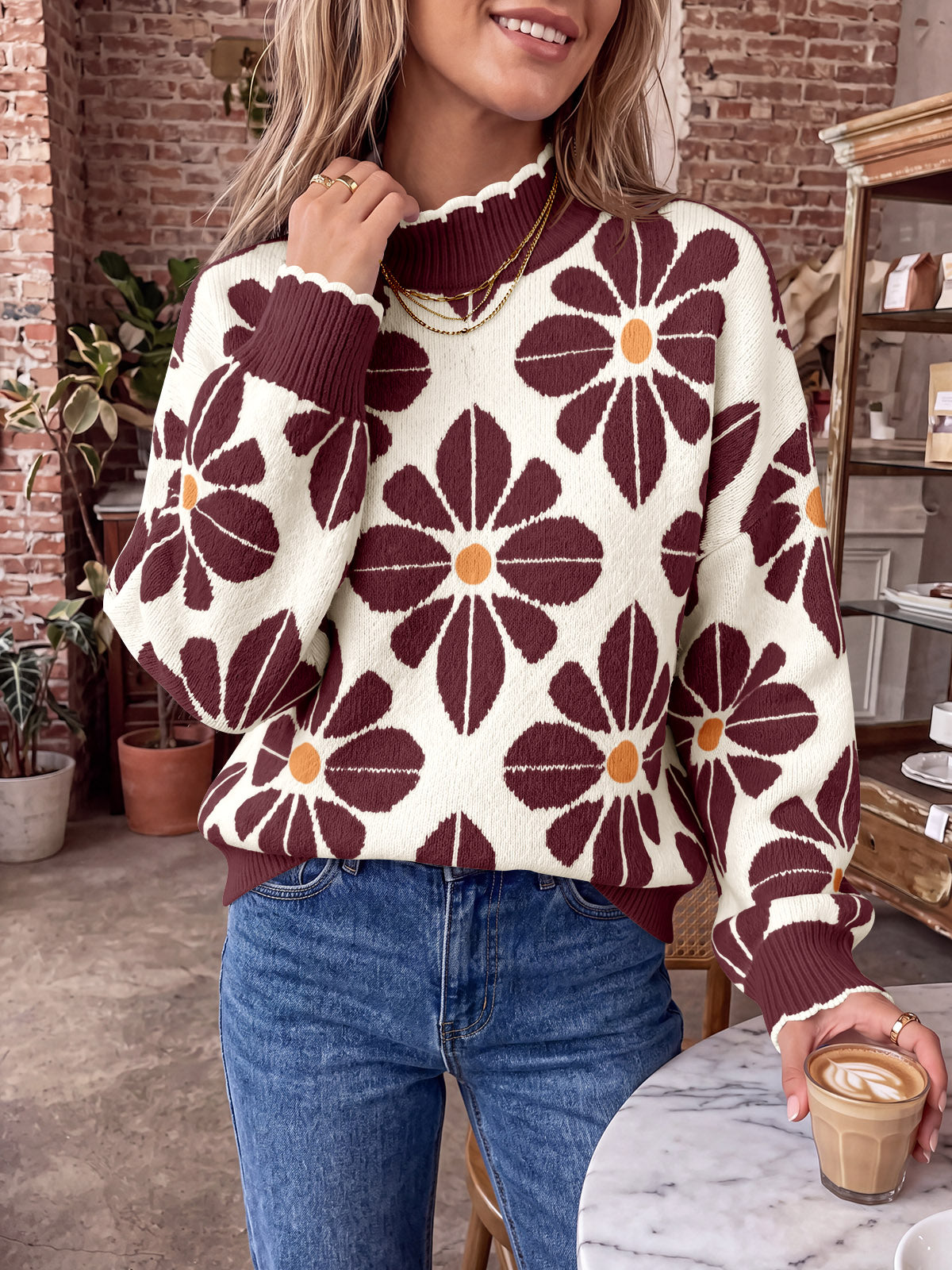 Saodimallsu Womens Mock Neck Floral Knit Sweater