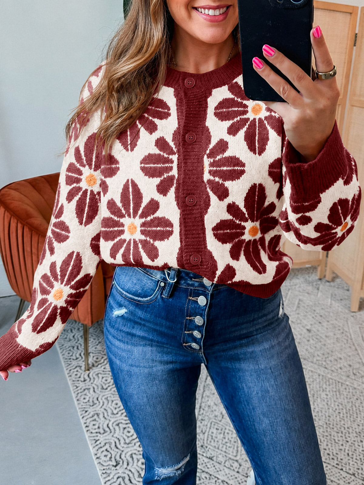 Saodimallsu Womens Floral Button Up Vintage Sweater