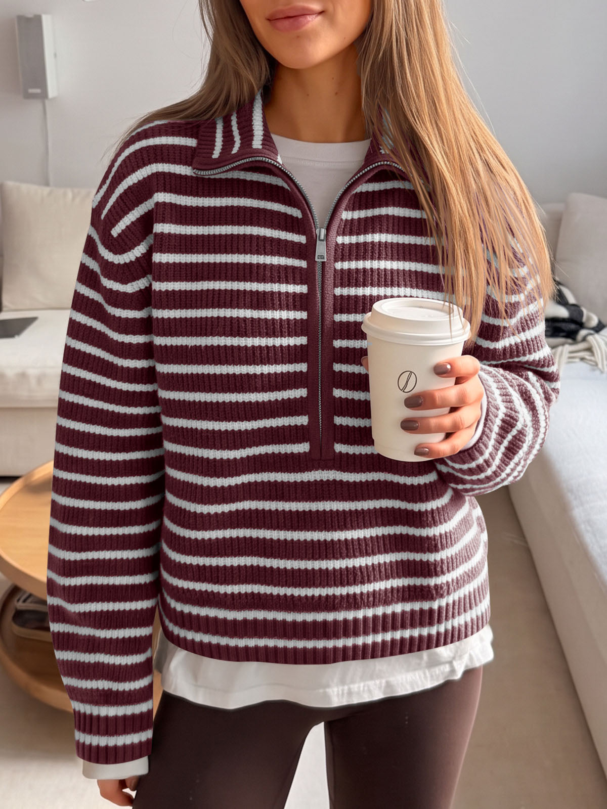 Saodimallsu Womens Striped Half Zip Sweater