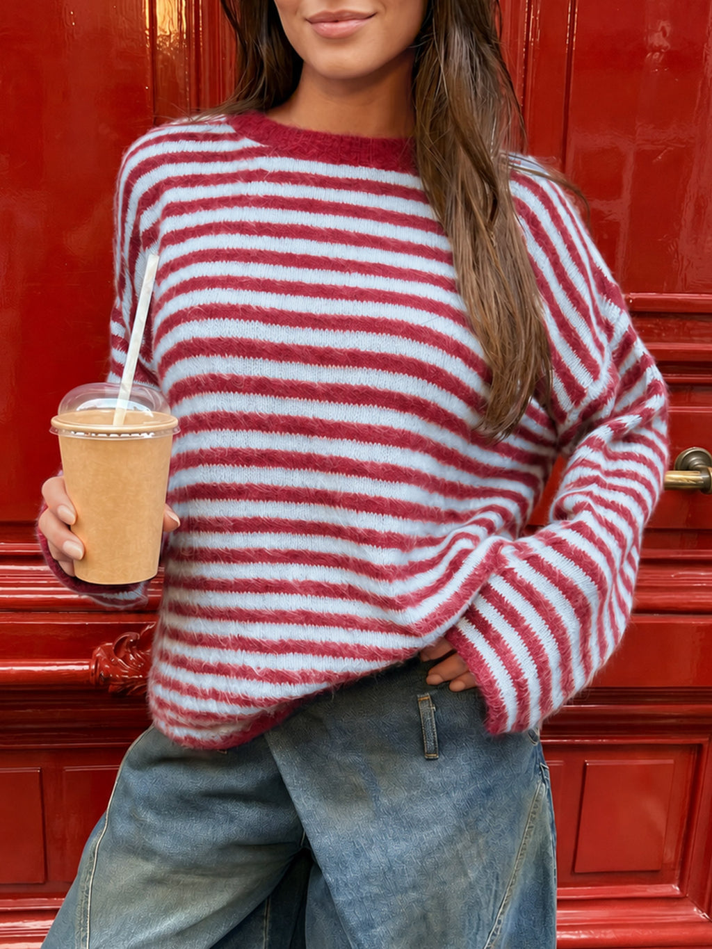 Saodimallsu Womens Fuzzy Crew Neck Striped Sweaters