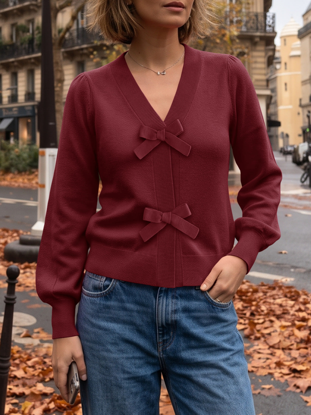 Saodimallsu Women V Neck Bow Knit Cardigan