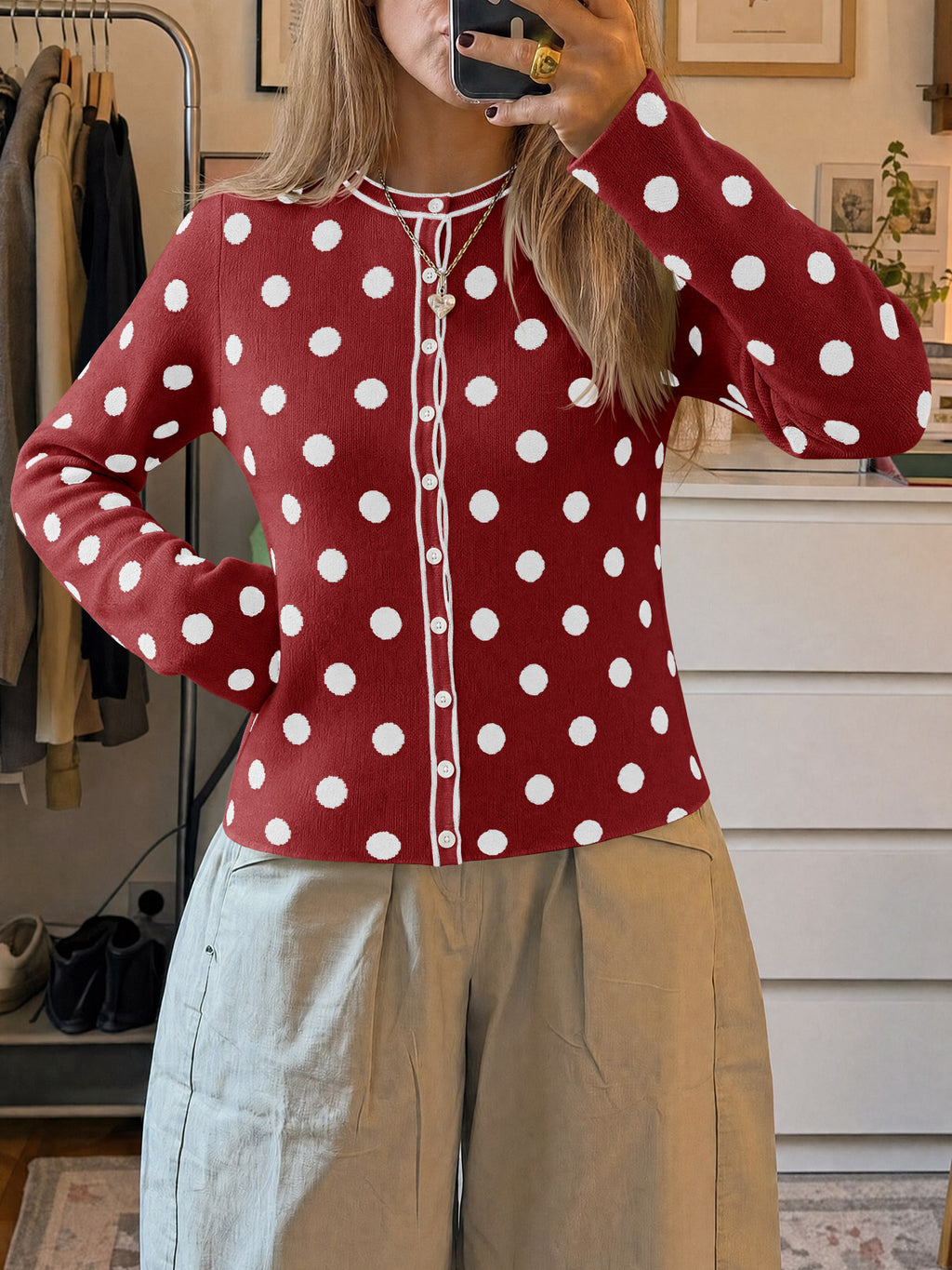 Saodimallsu Womens Polka Dot Button Up Cardigan