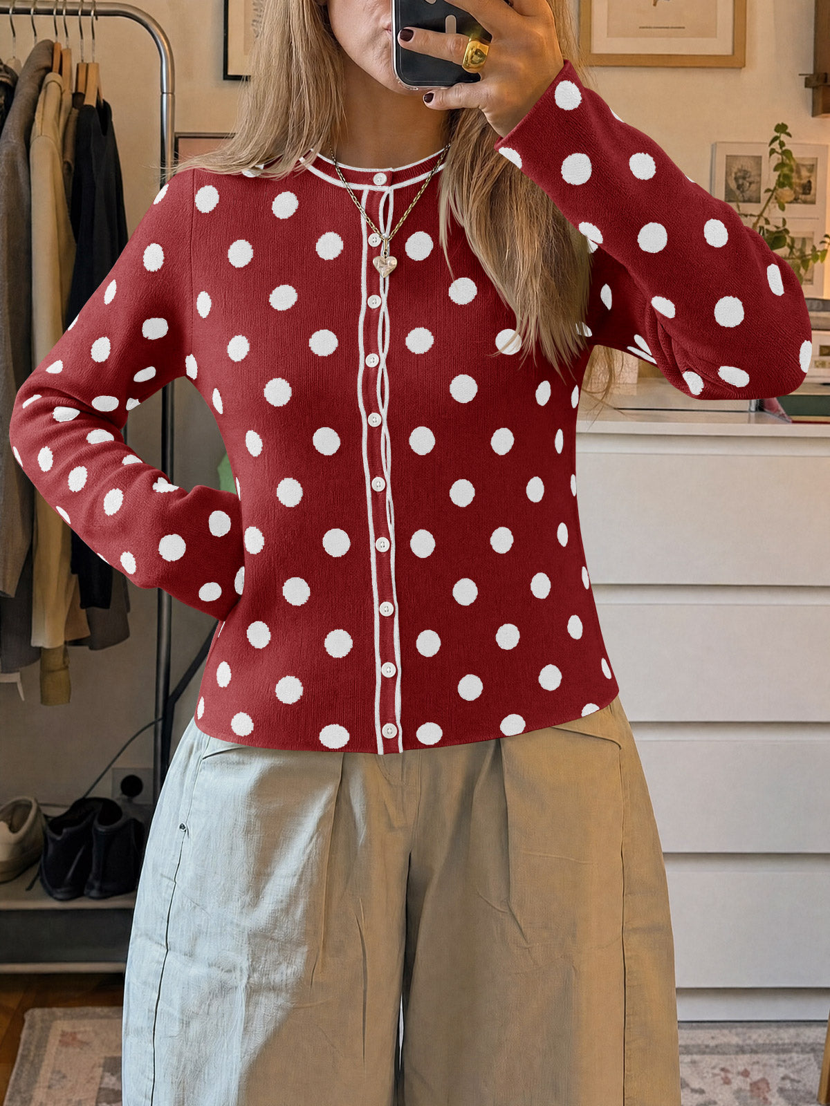 Saodimallsu Womens Polka Dot Button Up Cardigan