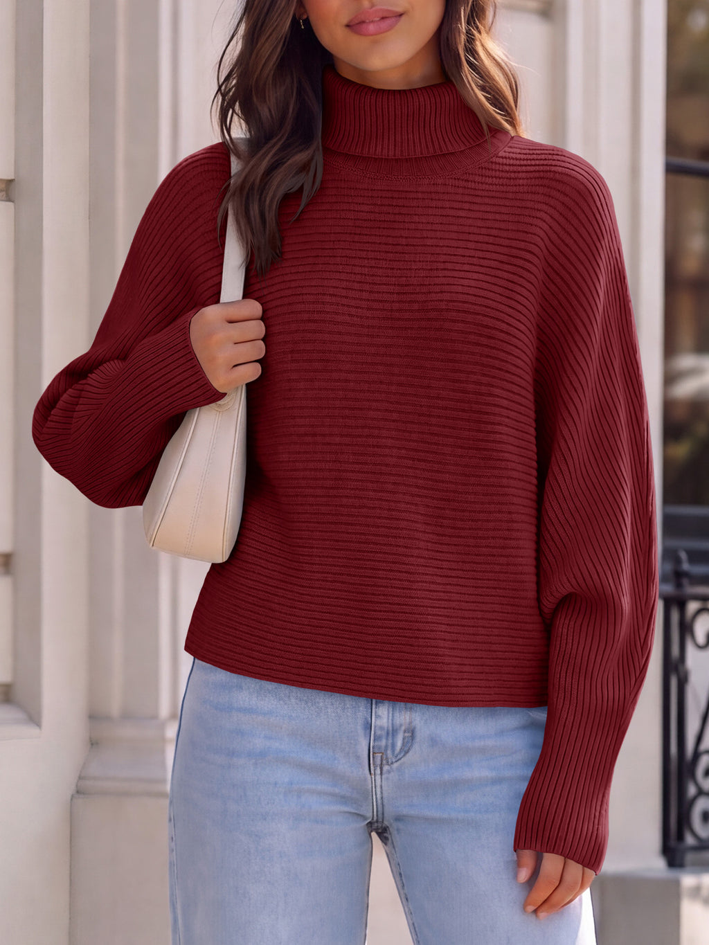 Saodimallsu Womens Batwing Sleeve Knit Turtleneck Sweater